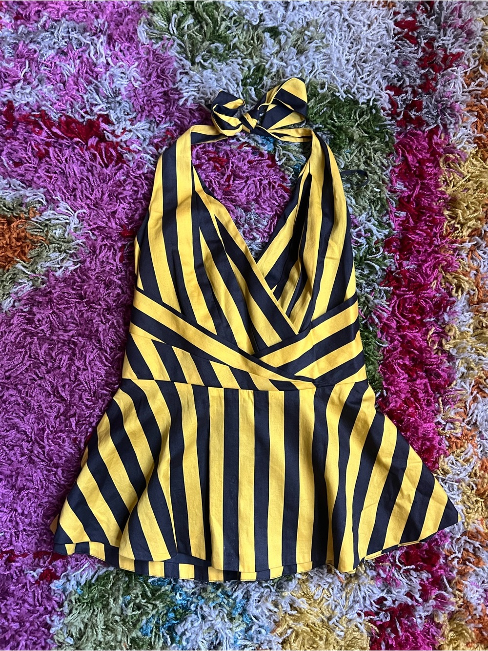 Odille Yellow and Black Striped Halter Peplum Camisole